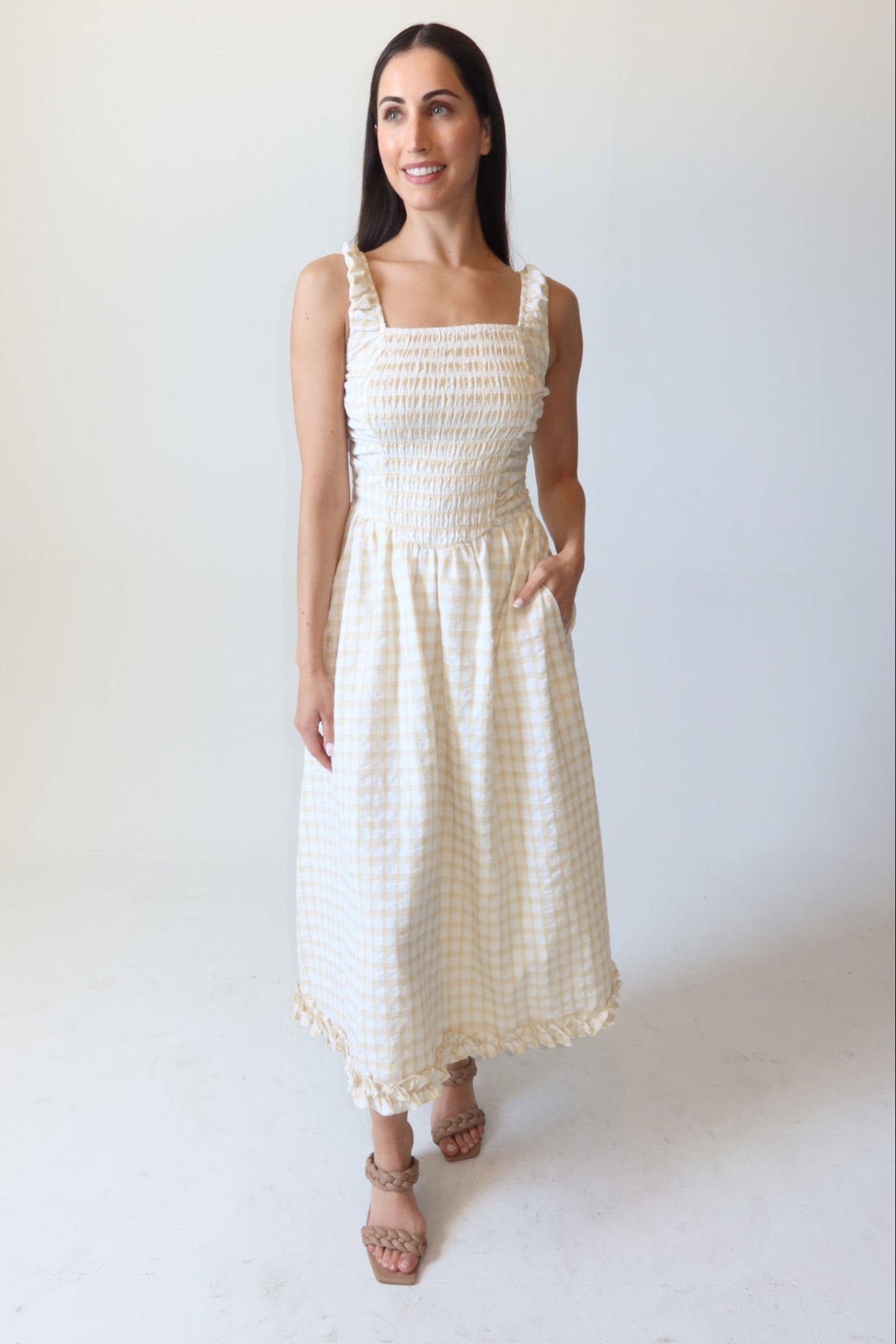 yellow gingham maxi dress Flowy Yellow Gingham Maxi Dress With Straps