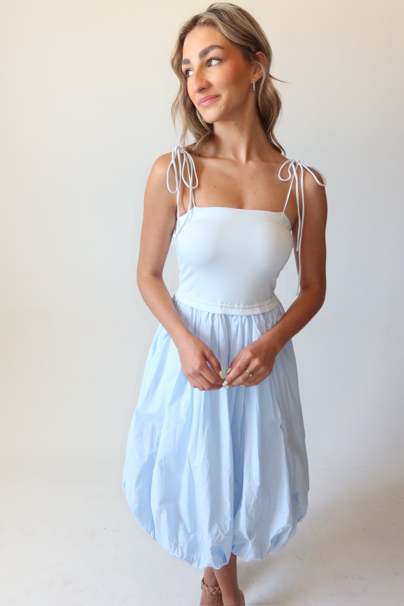 crochet midi dress blue Marlow Light Blue Bubble Midi Dress – Wild Iris Boutique