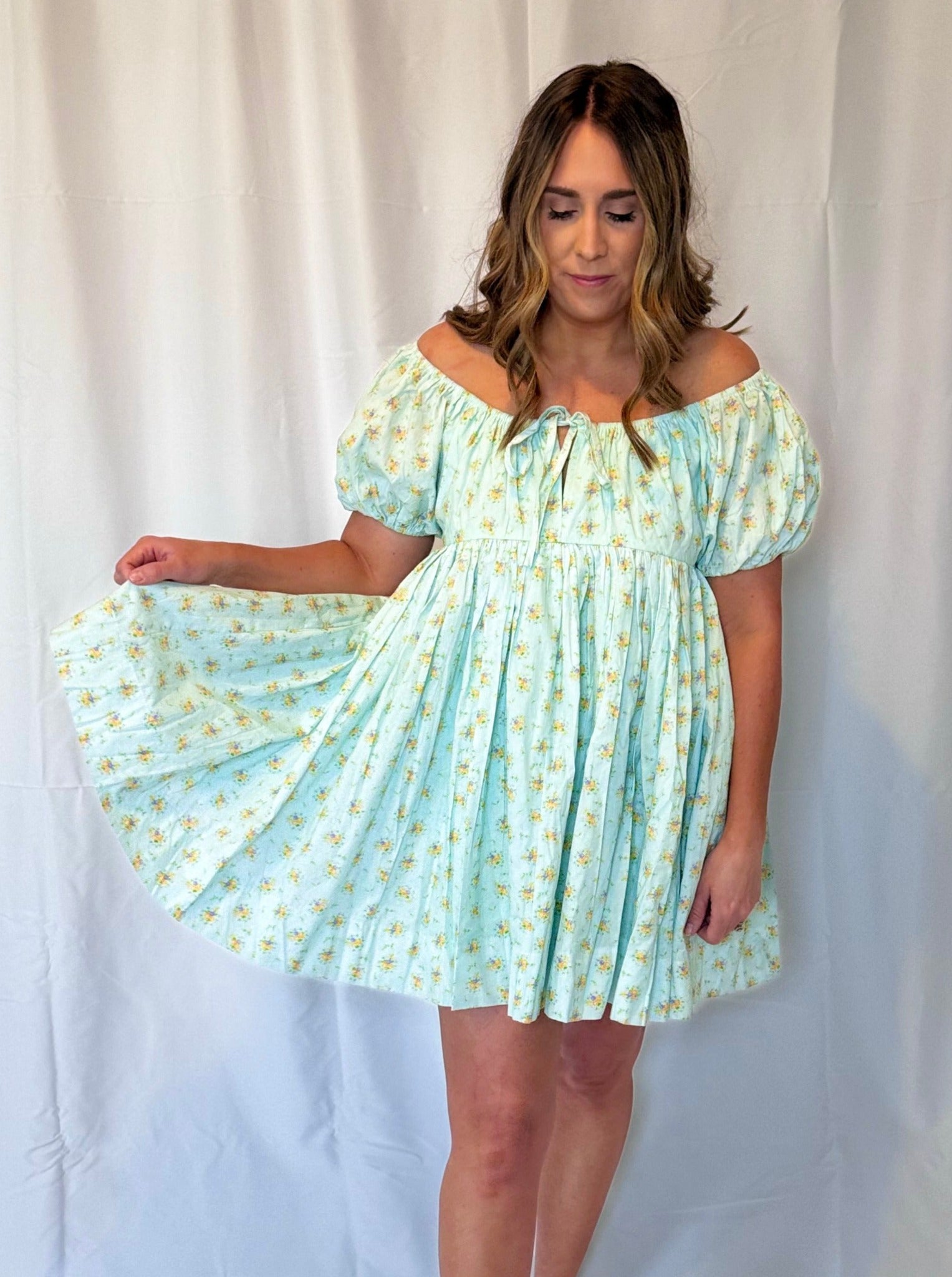 Ellenor Aqua Floral Mini Dress  Wild Iris Boutique