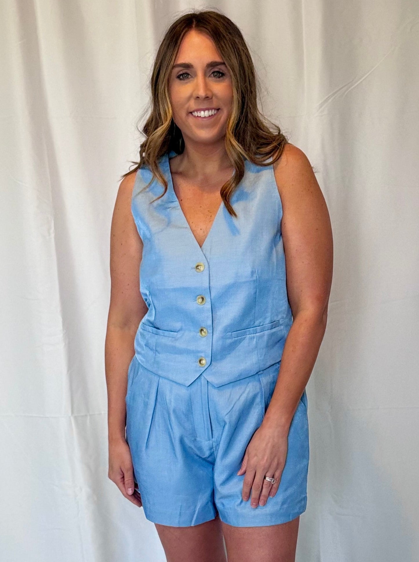 Jolene Blue Button Down Vest & Shorts Set