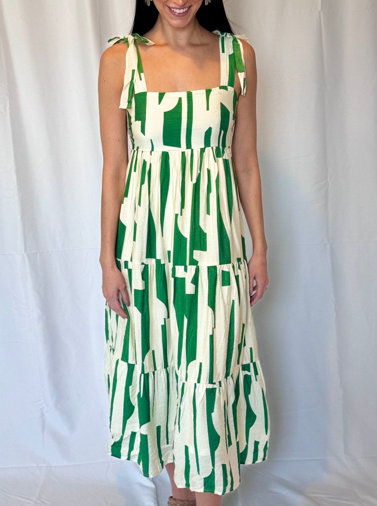 Kaylee Green and White Abstract Midi Dress