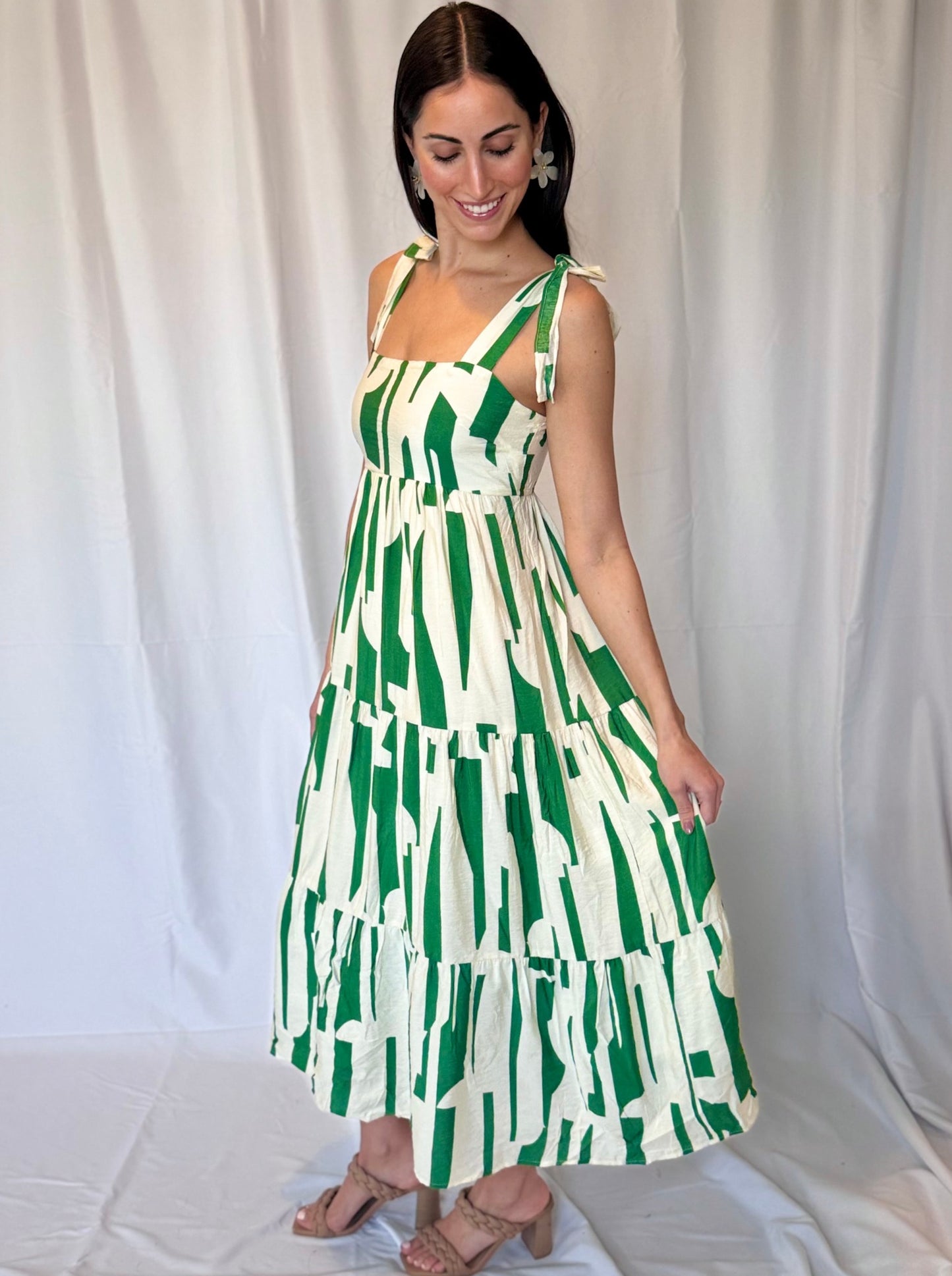 Kaylee Green and White Abstract Midi Dress