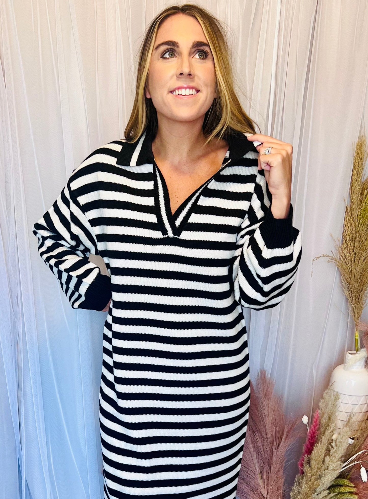 Parker Striped Collared Shirt Midi Dress