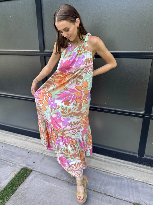 Sadie Floral Print Shoulder Tie Maxi Dress
