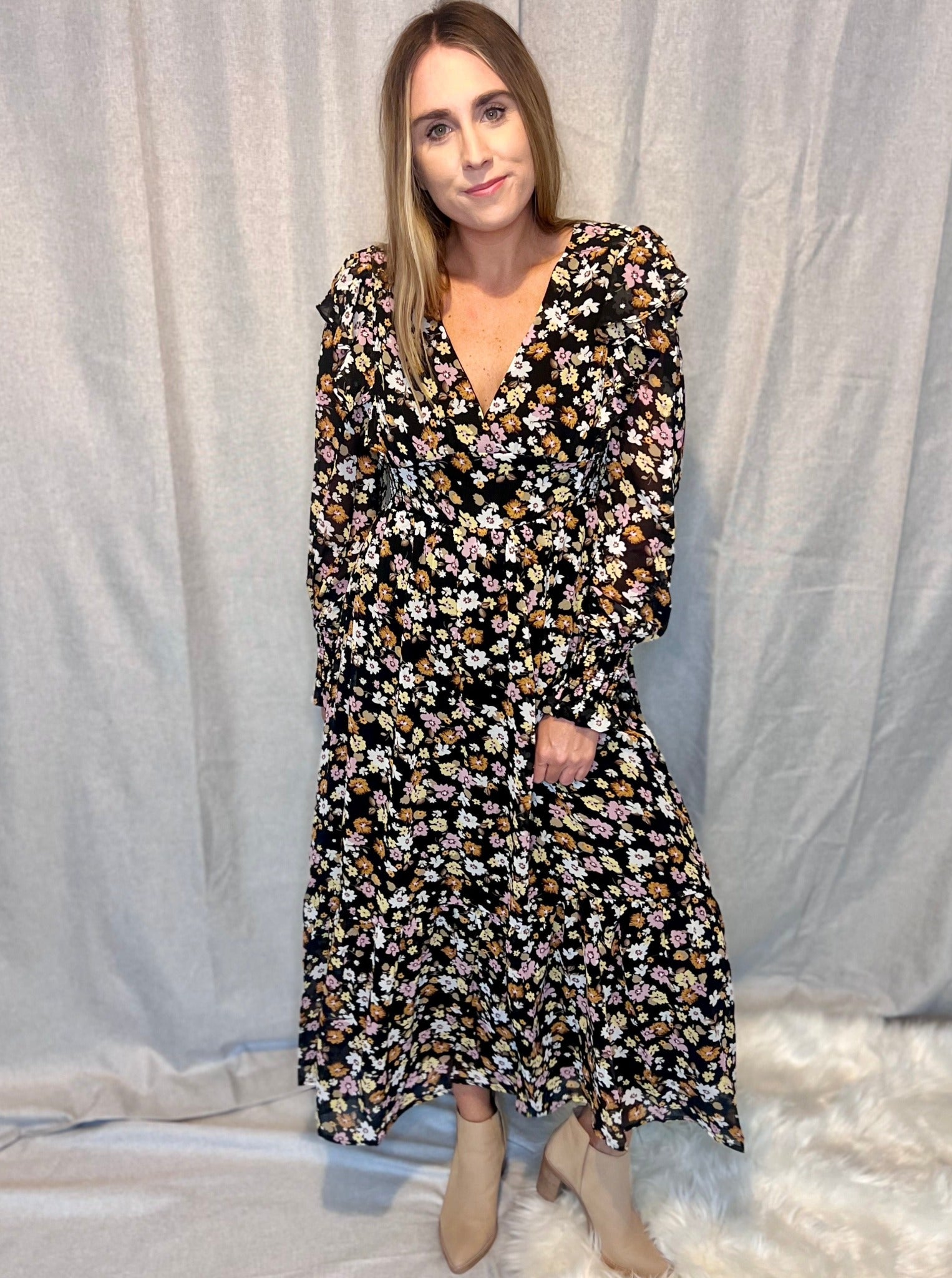 irisse midi dress Rhodes Black Floral Midi Dress – Wild Iris Boutique