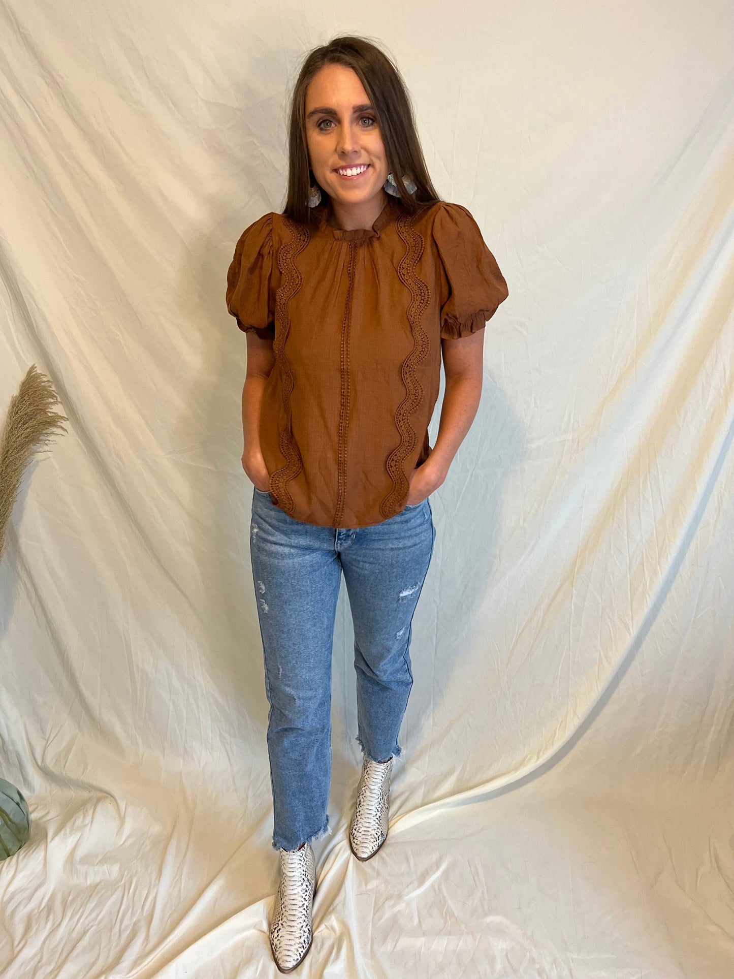 Lucky Night Crochet Detail Brown Top