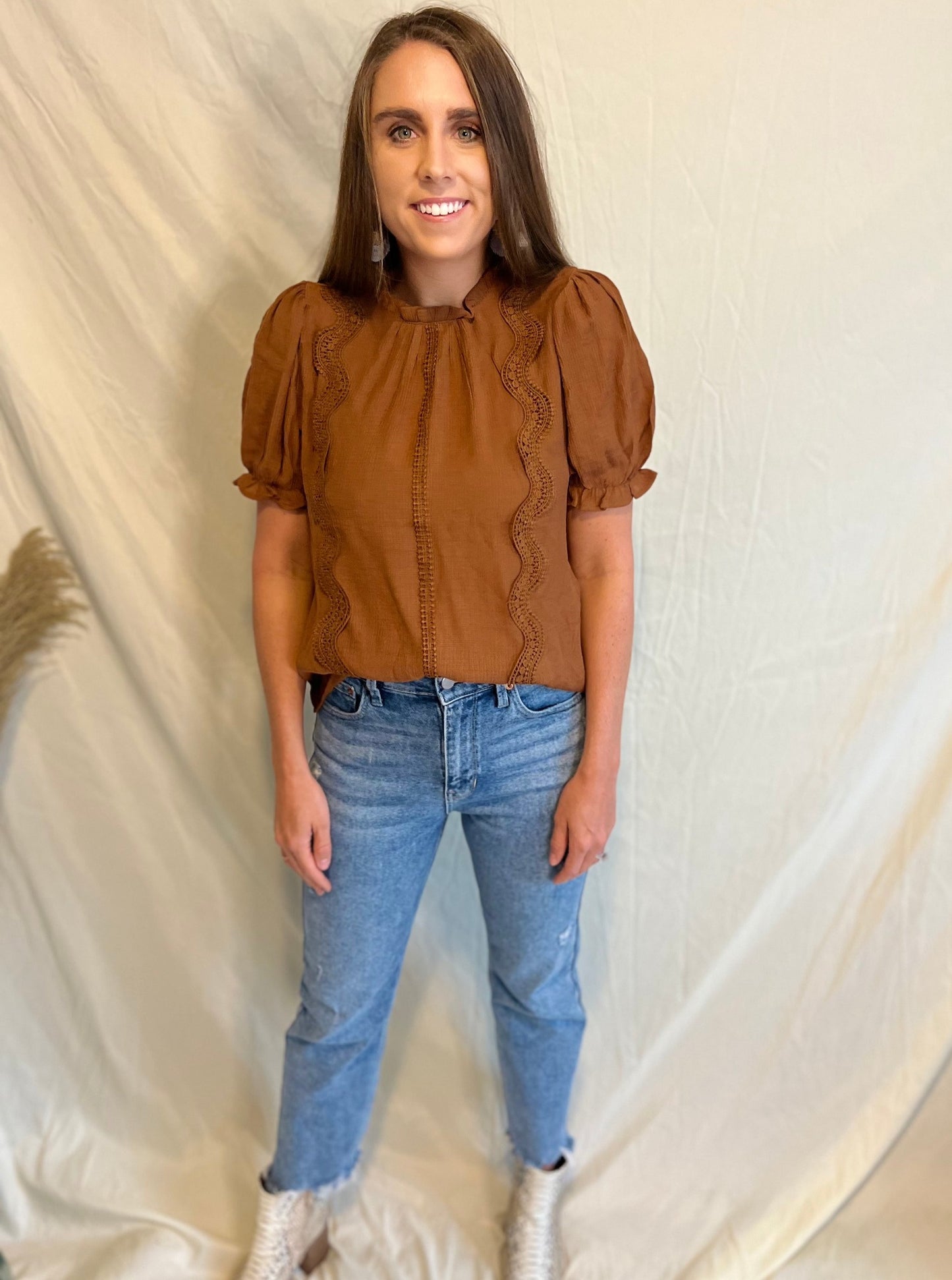 Lucky Night Crochet Detail Brown Top