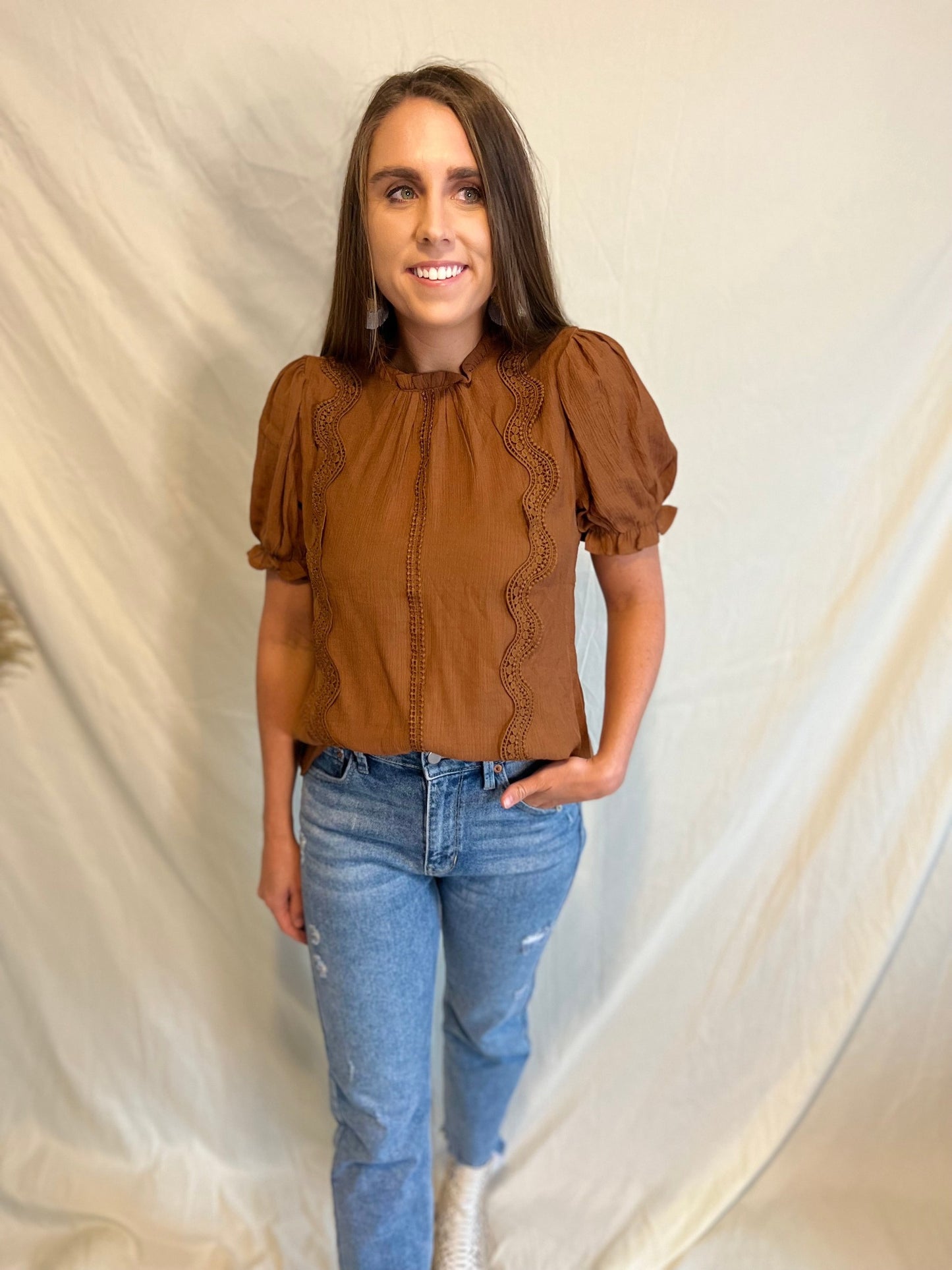 Lucky Night Crochet Detail Brown Top