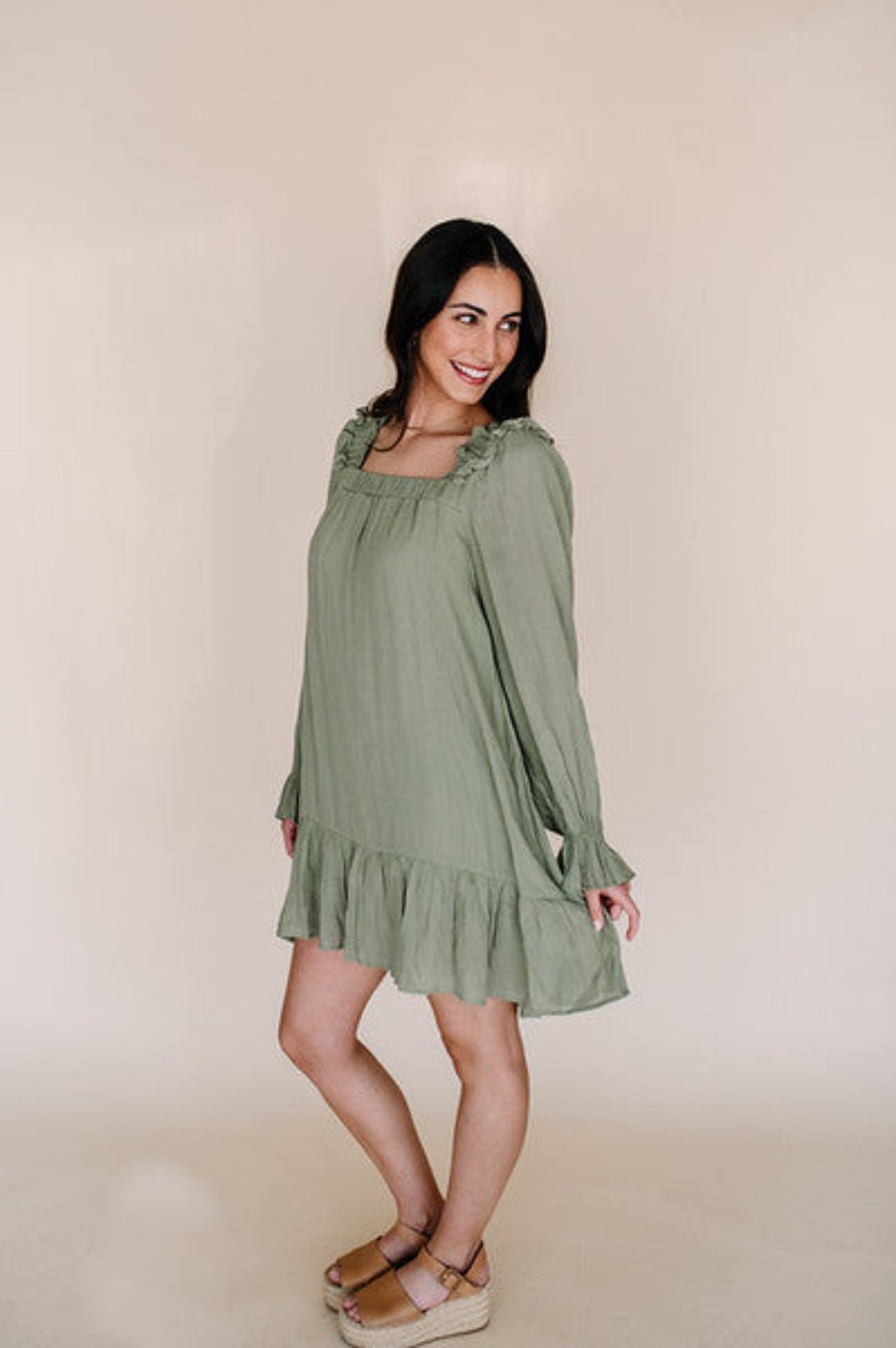 Sunrise Olive Tier Mini Dress