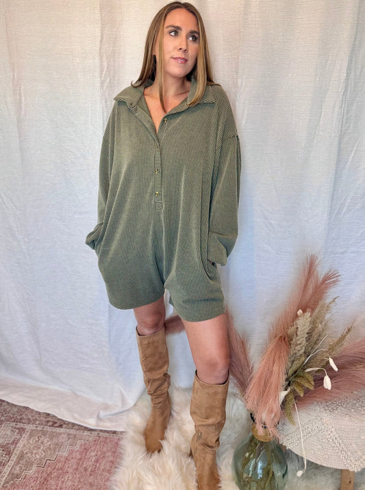 Adley Olive Texture Collared Knit Romper