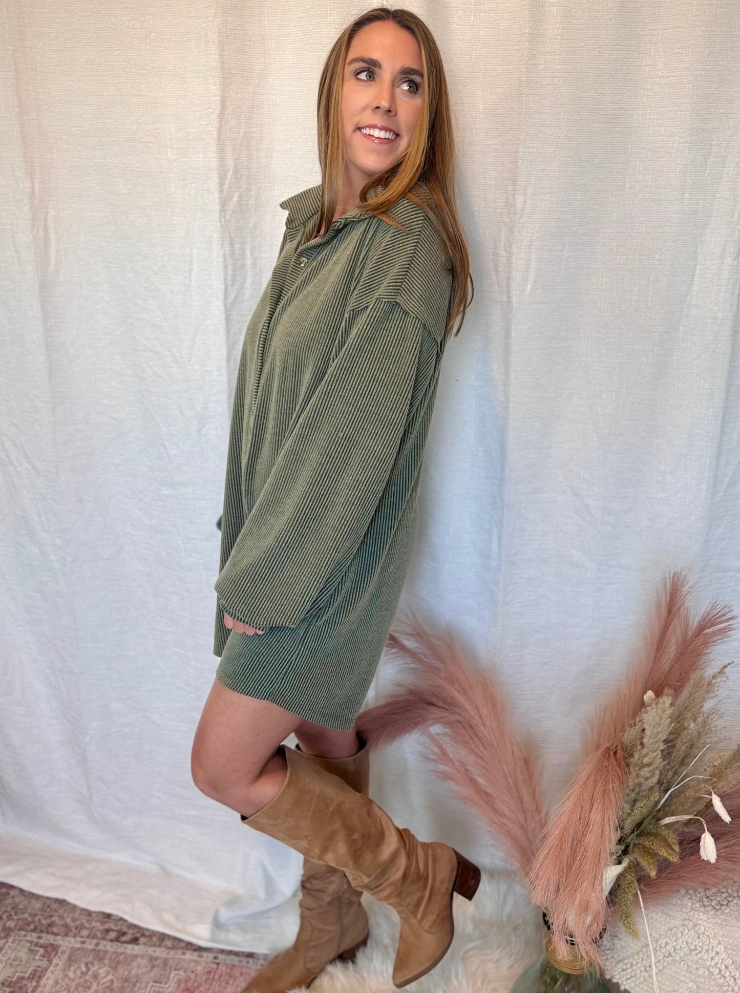 Adley Olive Texture Collared Knit Romper