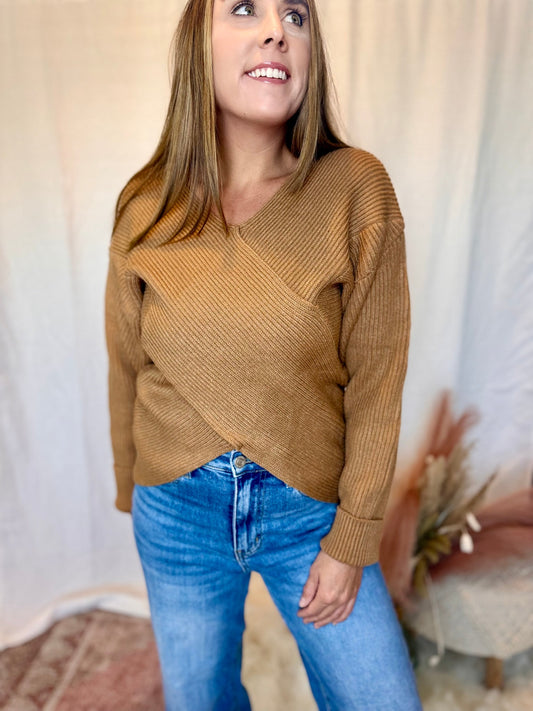 Aspen Coffee bean Cross Over Ribbed Sweater