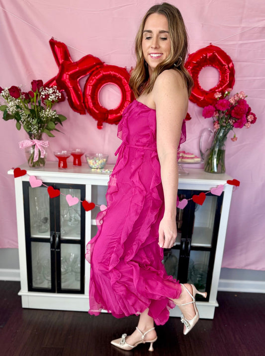 Georgia Hot Pink Frill Midi Dress