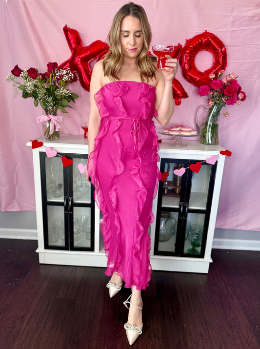 Georgia Hot Pink Frill Midi Dress