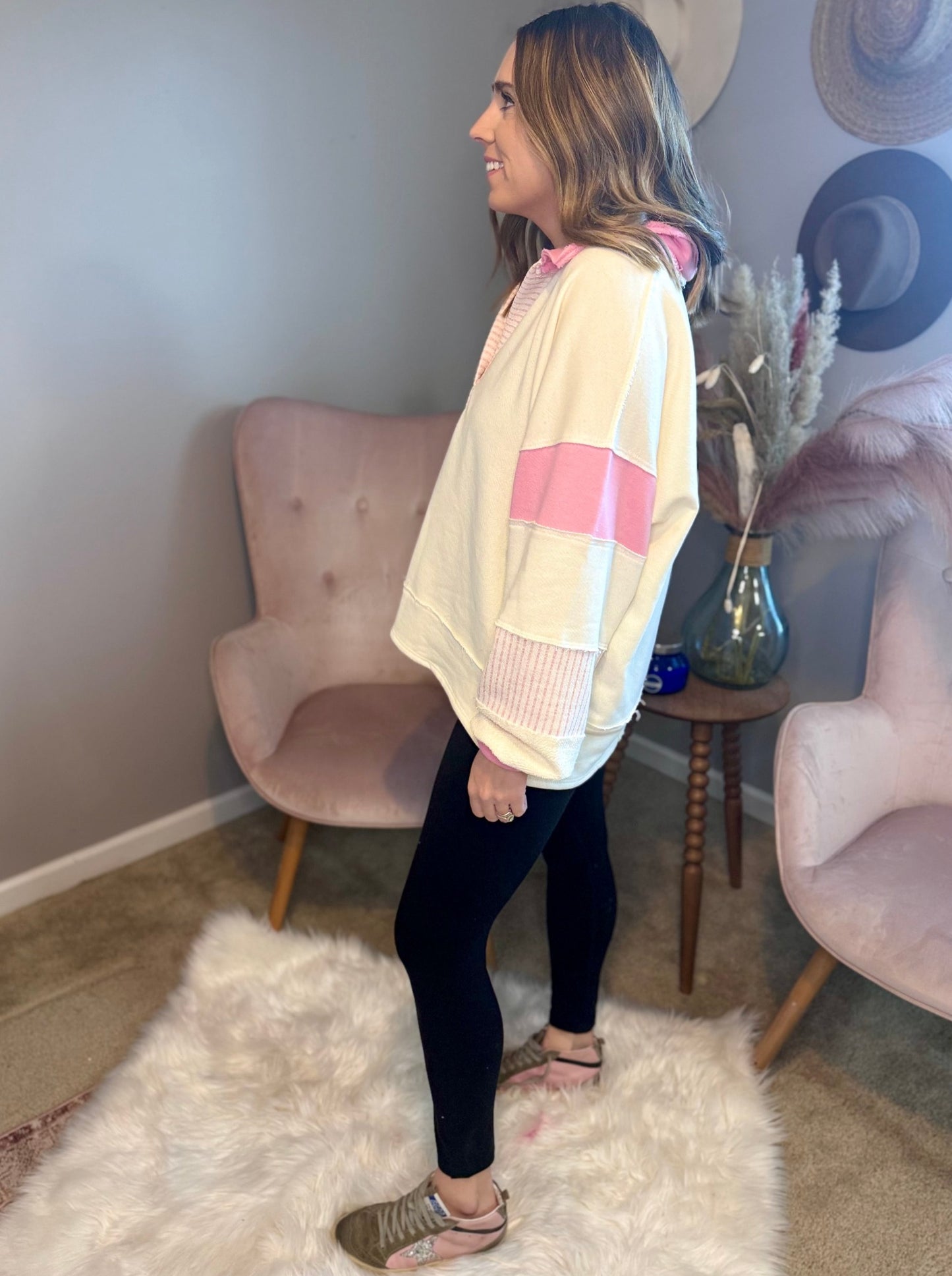 Leslie Pink & Ivory Terry Knit Pullover