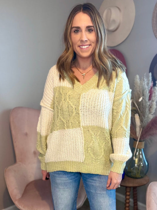 Julia Sage & Ivory Color Block V-neck Sweater