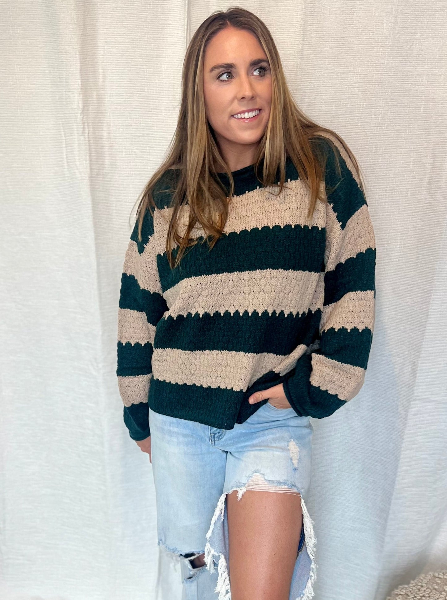 Maria Hunter Green Striped Sweater