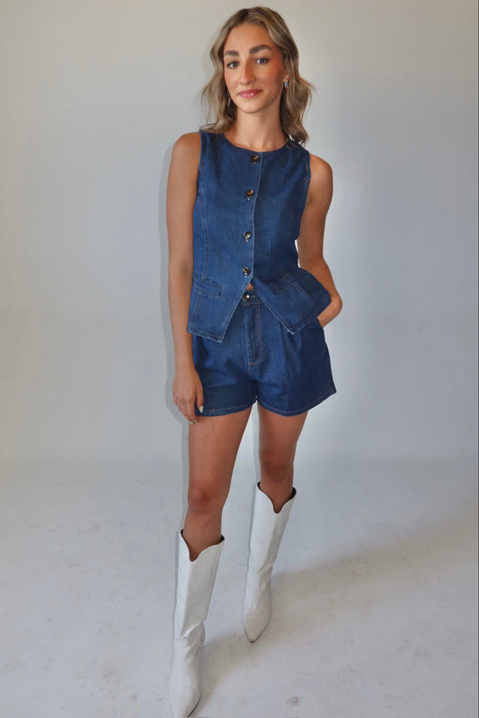 Miriam Dark Blue Denim Vest Set