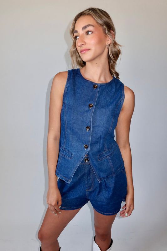 Miriam Dark Blue Denim Vest Set