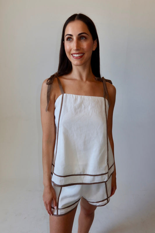 Rebecca White Linen Set with Brown Trim Detail