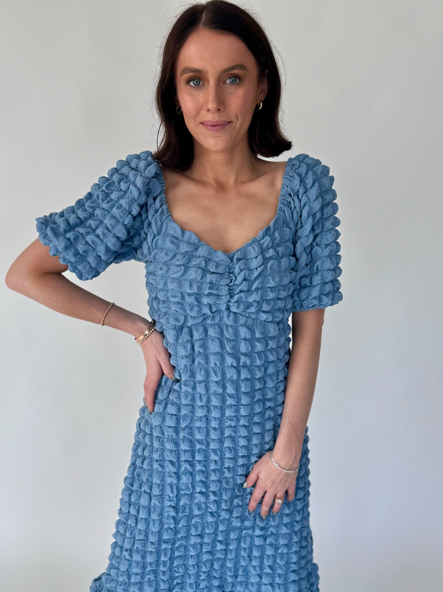 Isabelle Blue Puff Textured Midi Dress