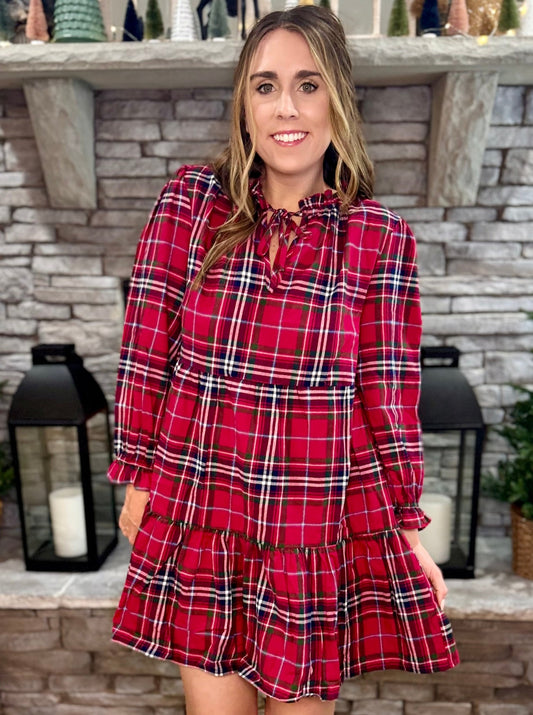 Be Merry Plaid Long Sleeve Ruffle Mini