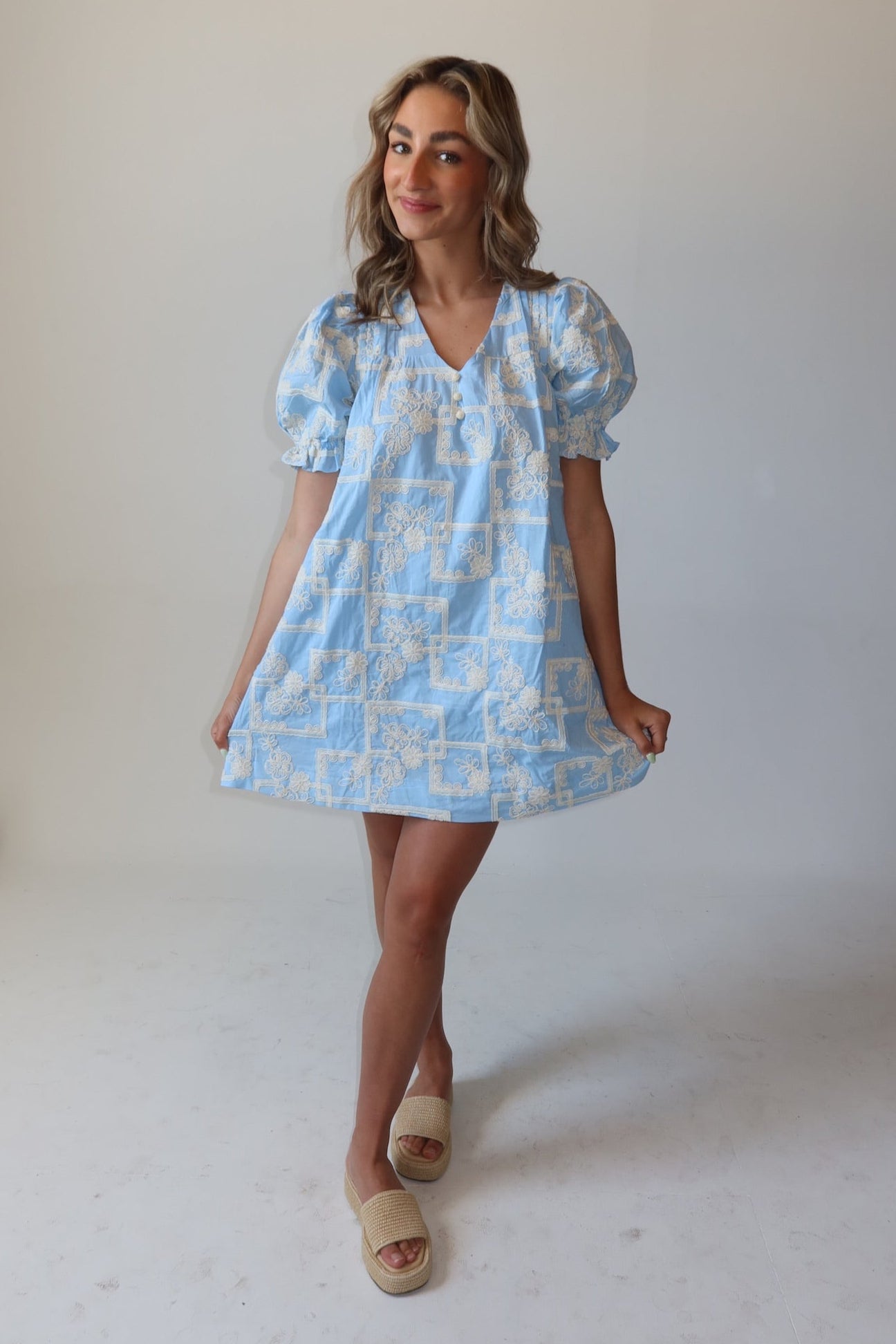 Rowan Sky Blue Embroidered Shift Dress