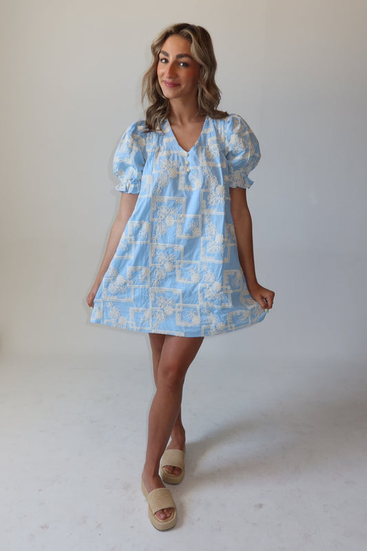 Rowan Sky Blue Embroidered Shift Dress