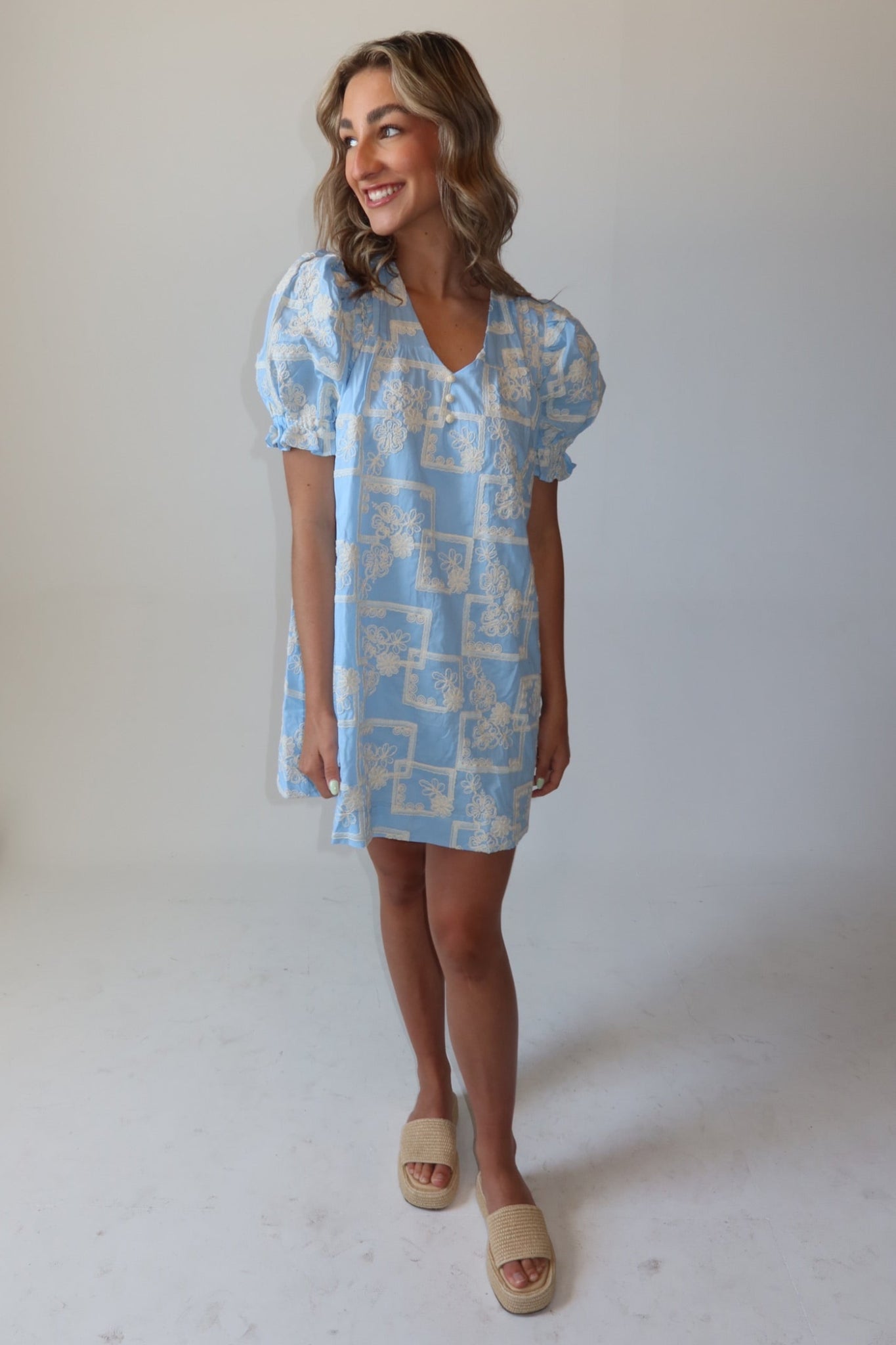 Rowan Sky Blue Embroidered Shift Dress