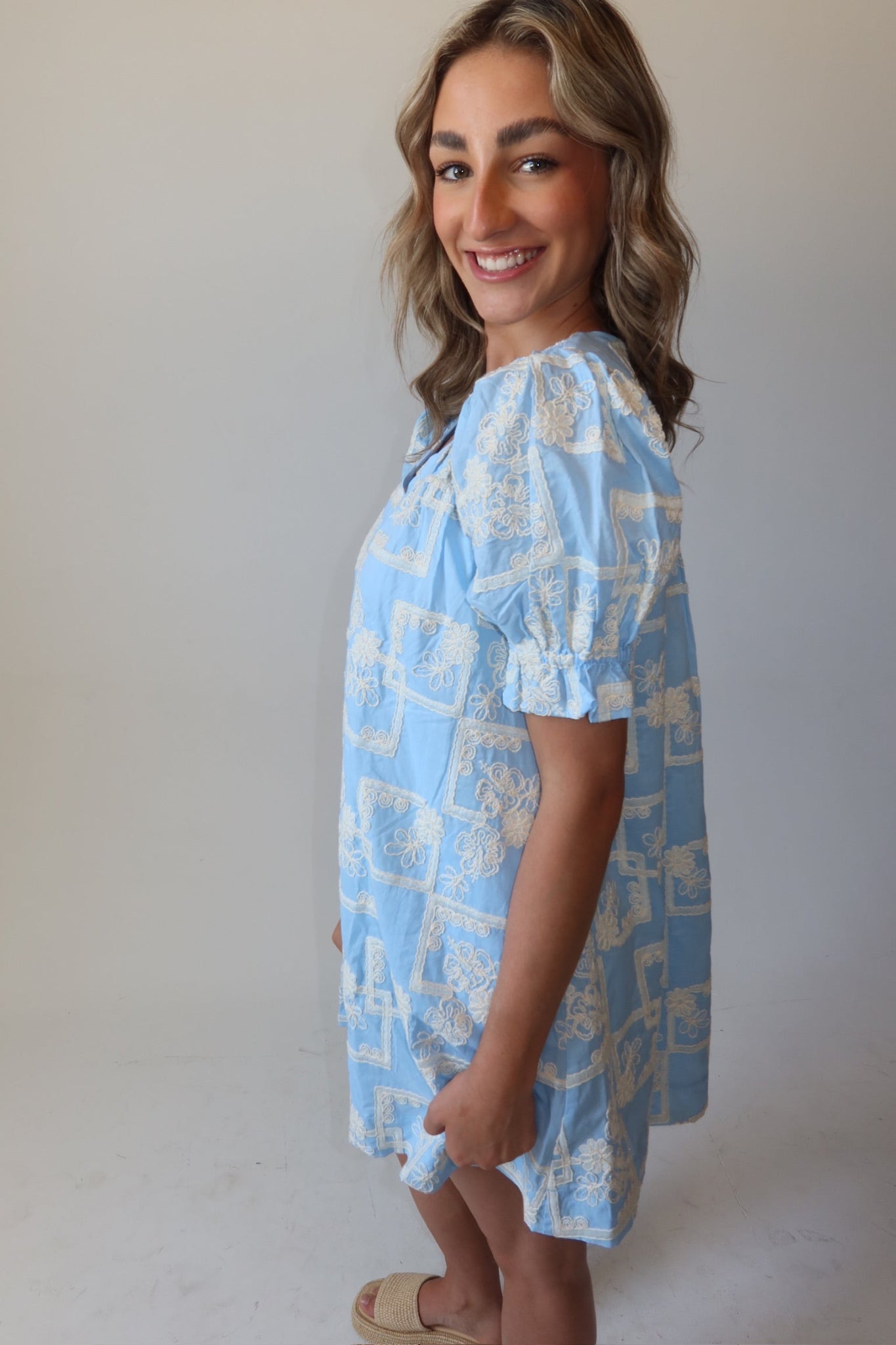 Rowan Sky Blue Embroidered Shift Dress