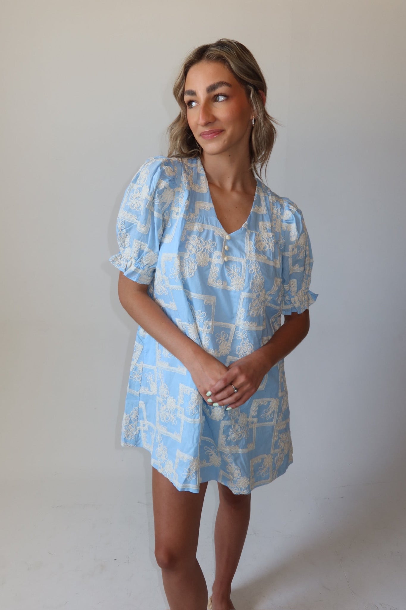 Rowan Sky Blue Embroidered Shift Dress