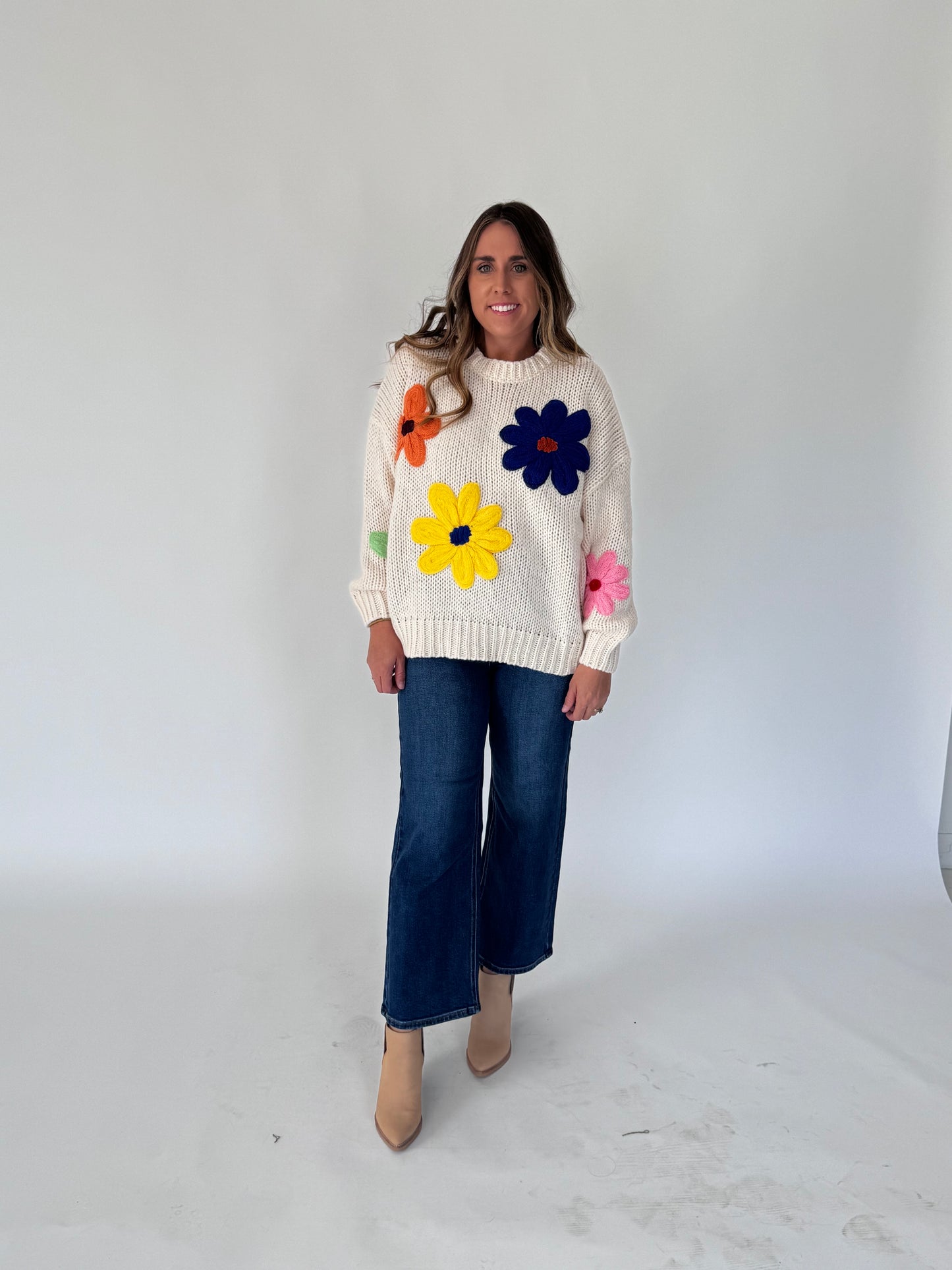 Layla Ivory Sweater with Colorful Flowers