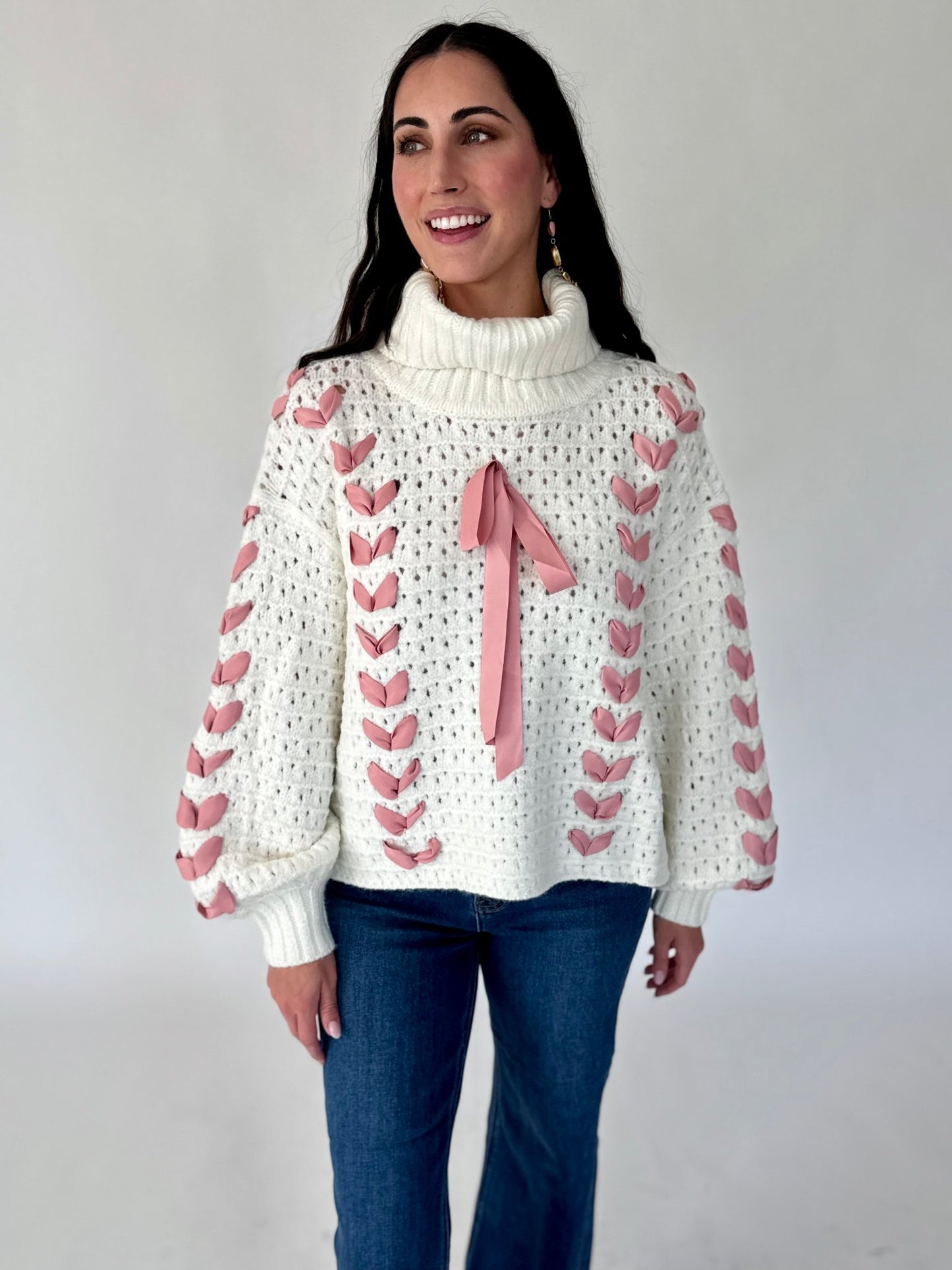 Julie Cream Sweater with Pink Lace Detail