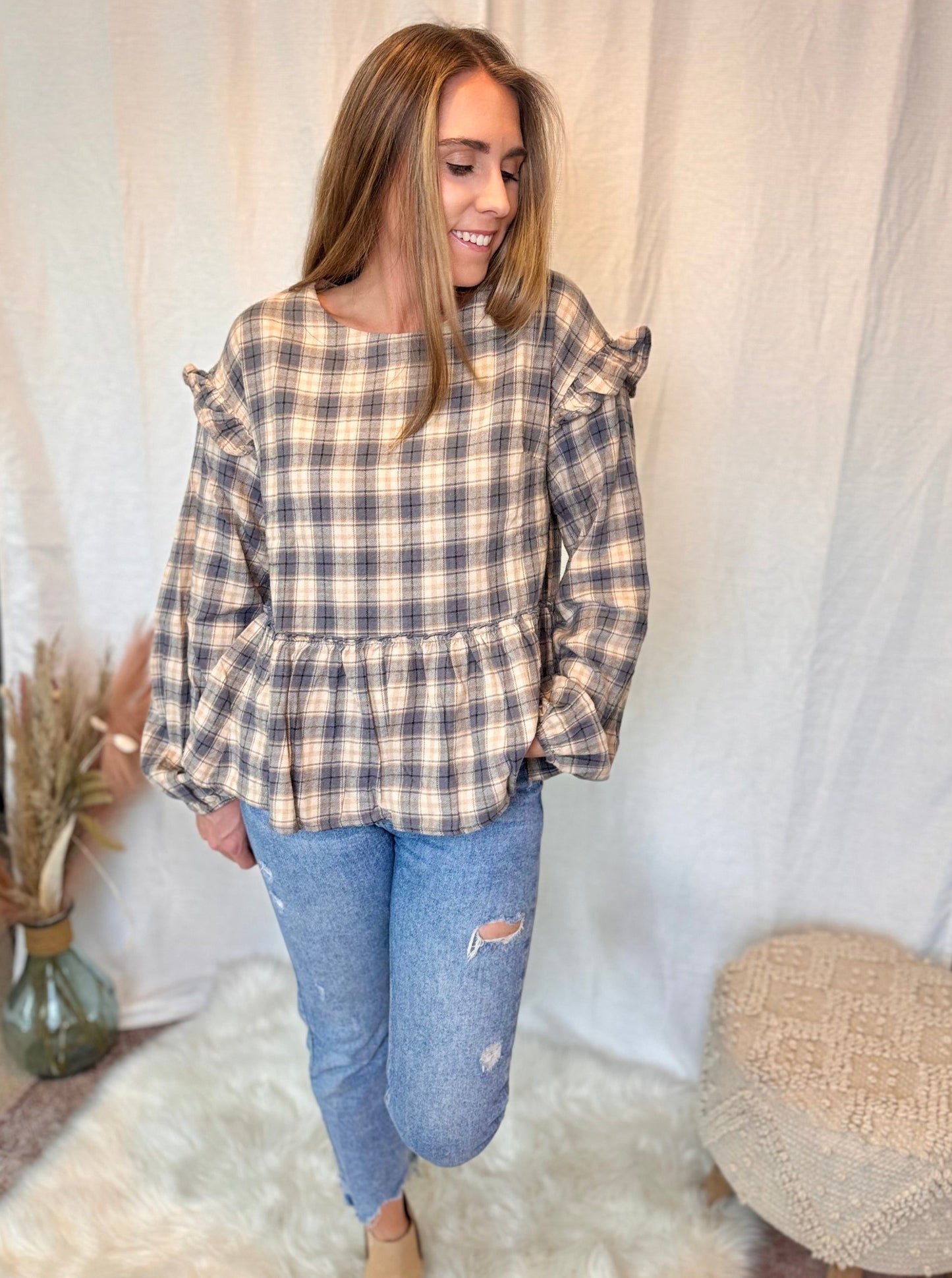 Ivy Plaid Flannel Ruffle Blouse