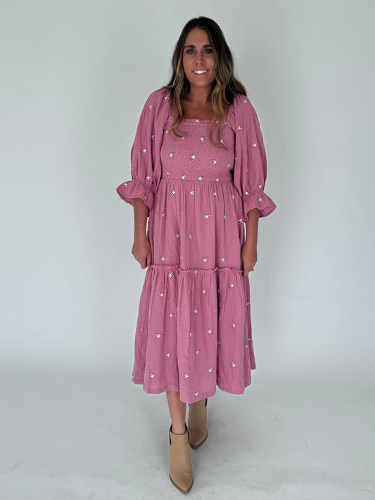 Sutton Pink Floral Smocked Midi Dress