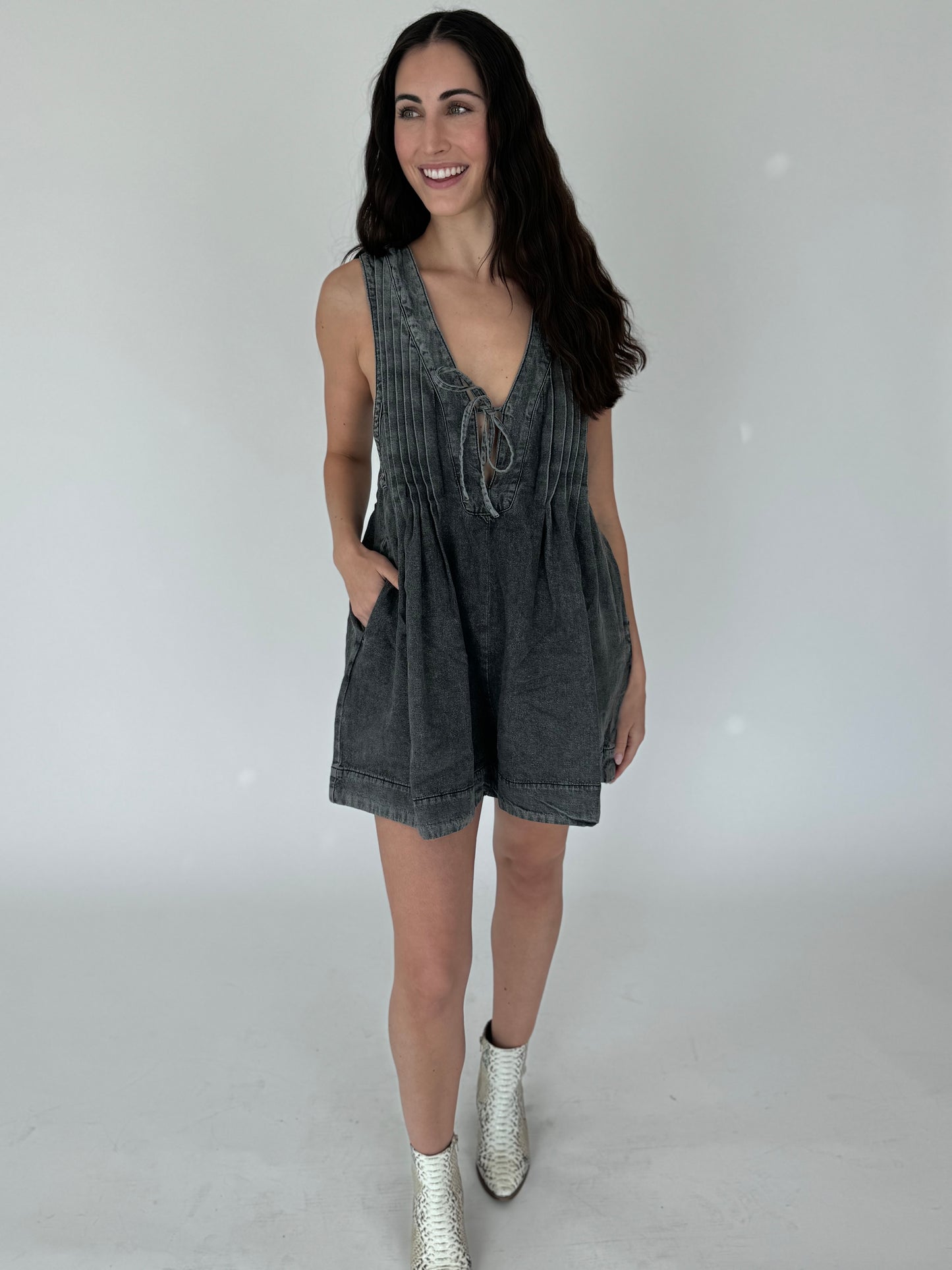 Selena Black Denim V-neck Romper