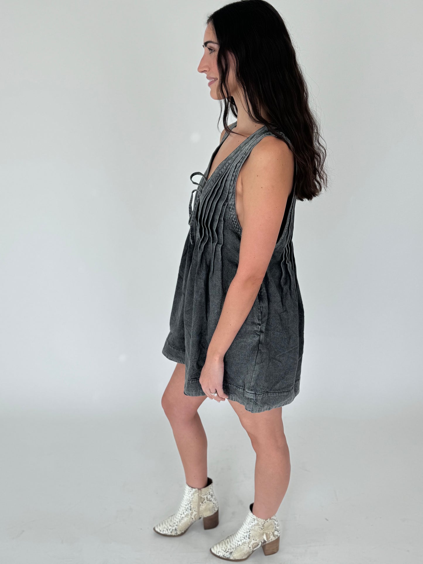 Selena Black Denim V-neck Romper