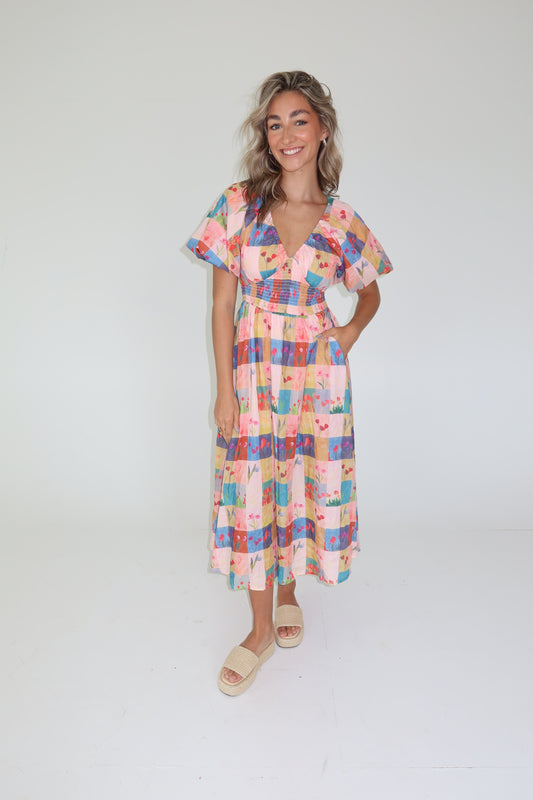Brynnleigh Pink Checkered & Tulip Maxi Dress