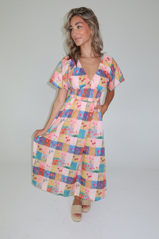 Brynnleigh Pink Checkered & Tulip Maxi Dress