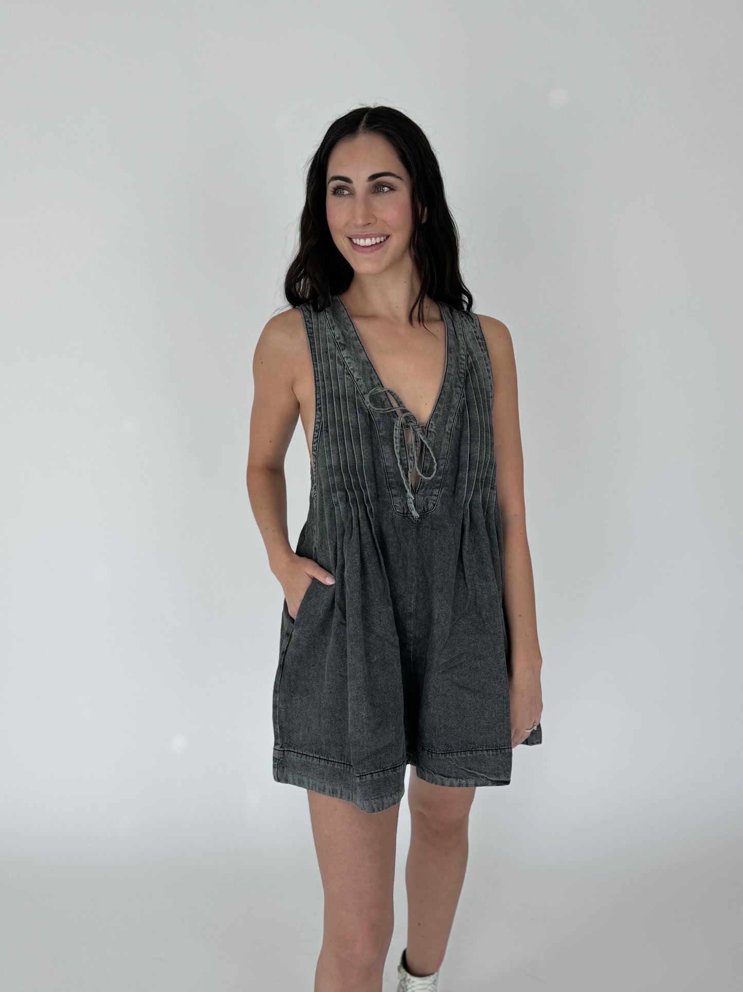 Selena Black Denim V-neck Romper