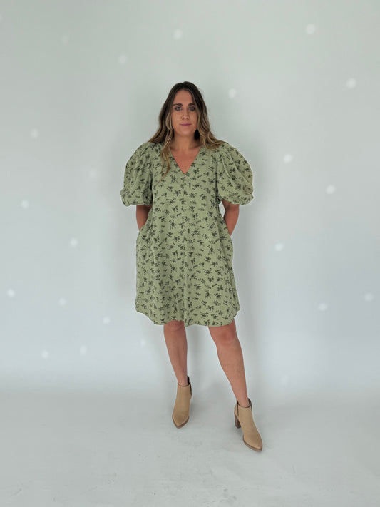 Olive Puff Sleeve Floral Mini Dress