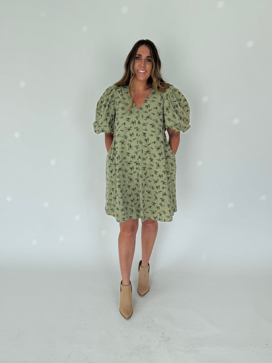 Olive Puff Sleeve Floral Mini Dress