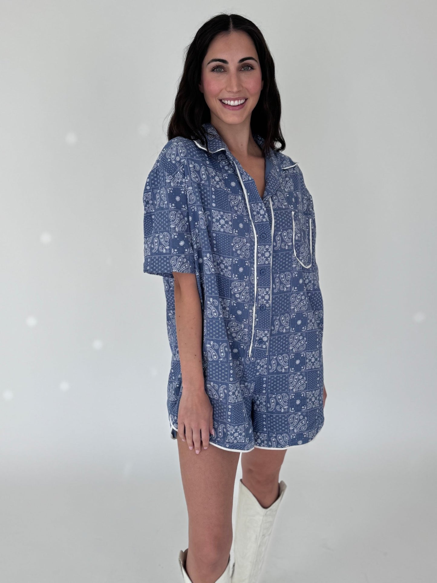 Gracie Blue Paisley Romper