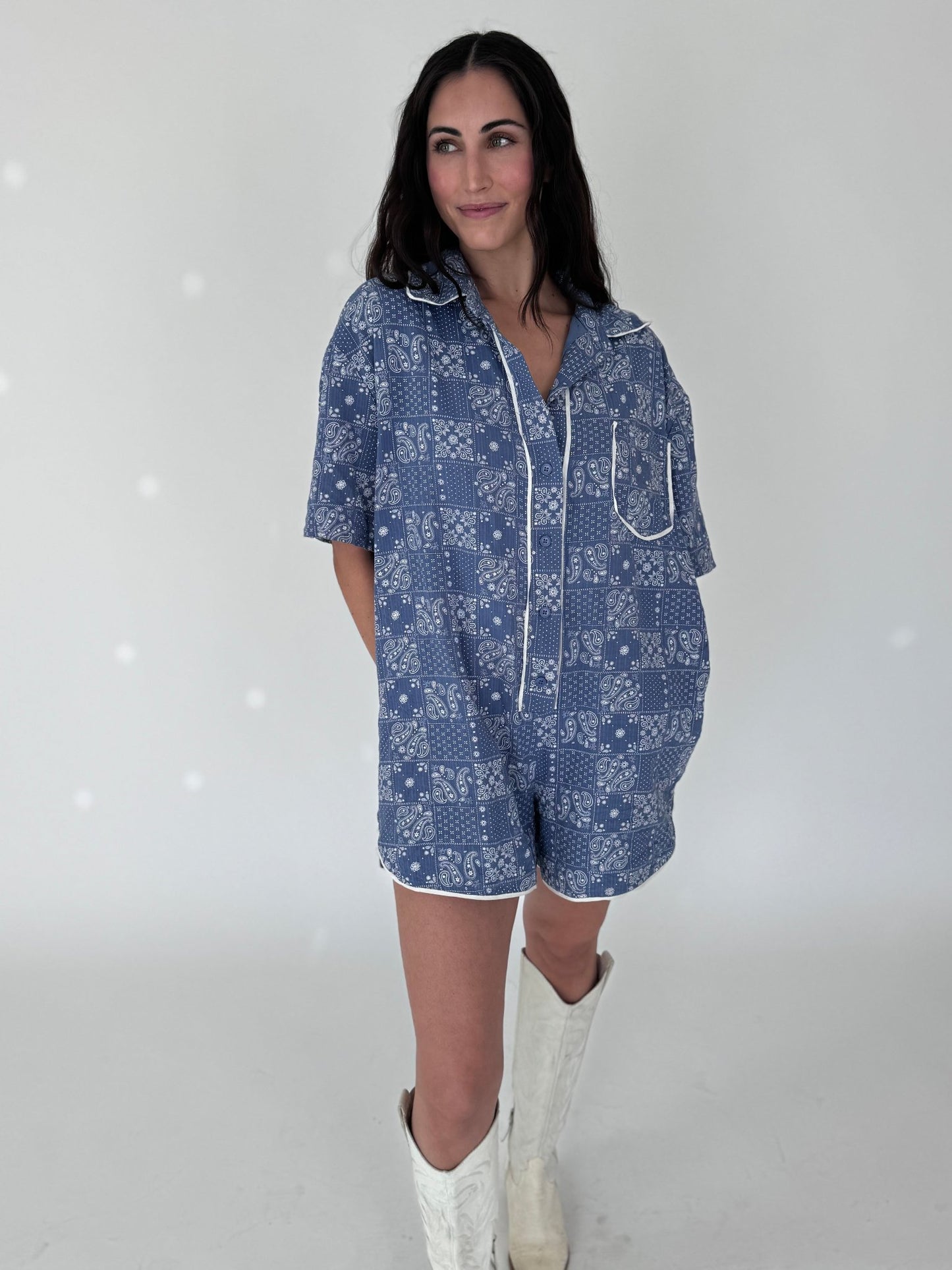 Gracie Blue Paisley Romper