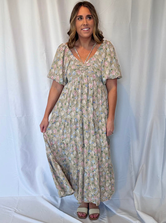 Lucy Cross Strap Cream Floral Maxi Dress