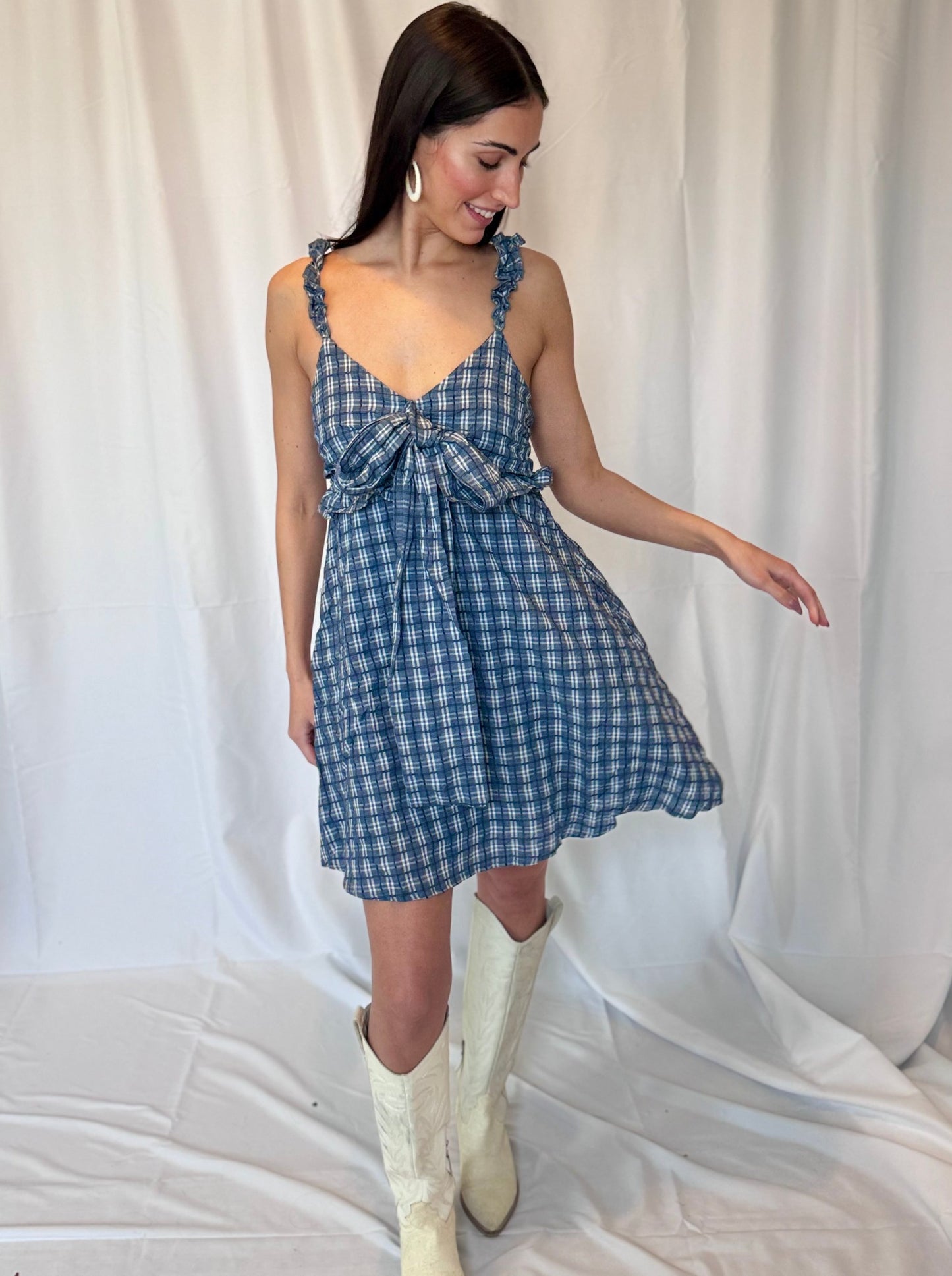 navy gingham mini dress Paolo Navy Gingham Ruffle Mini Dress - 6