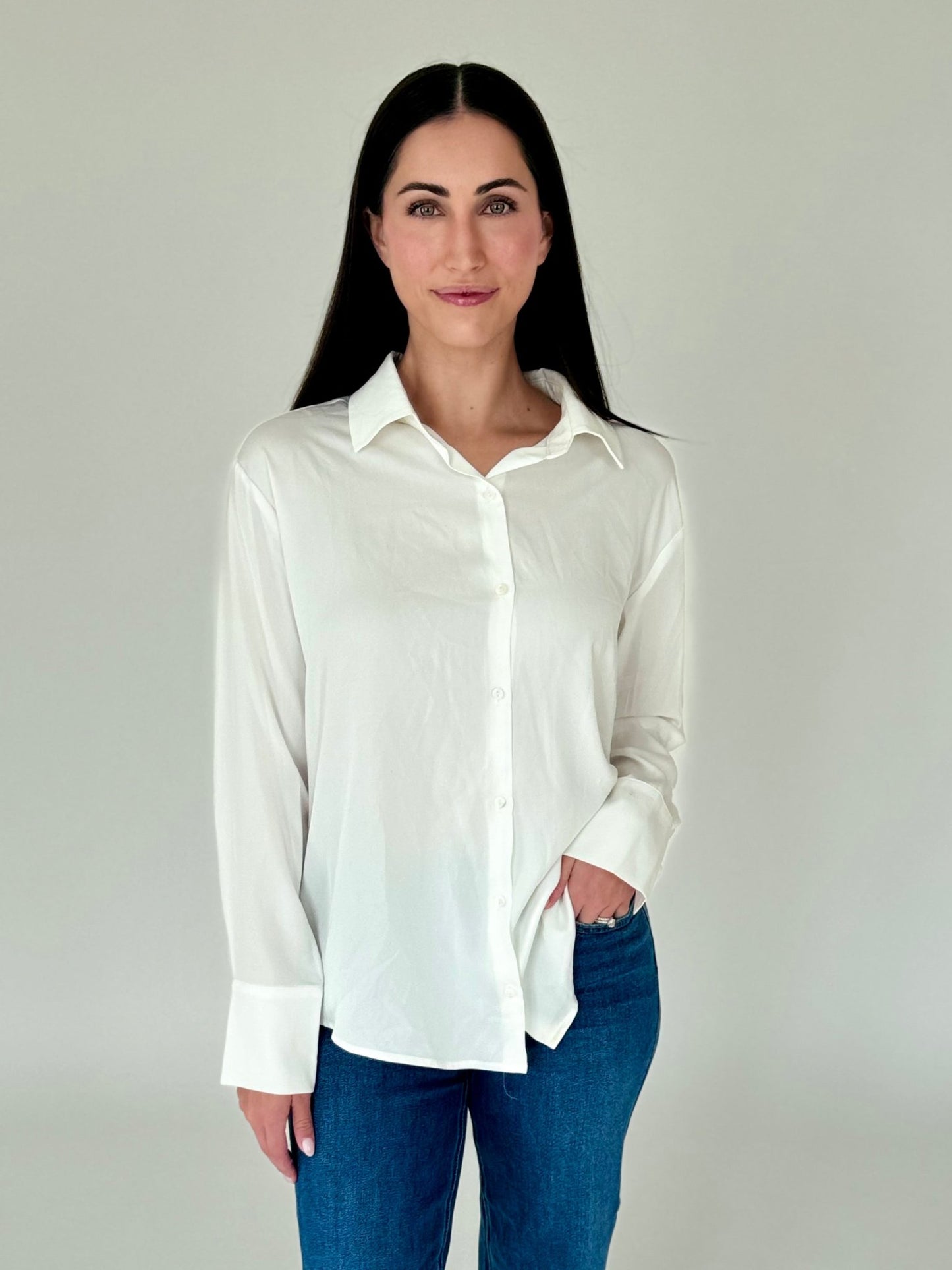 Ayla White Satin Button Down