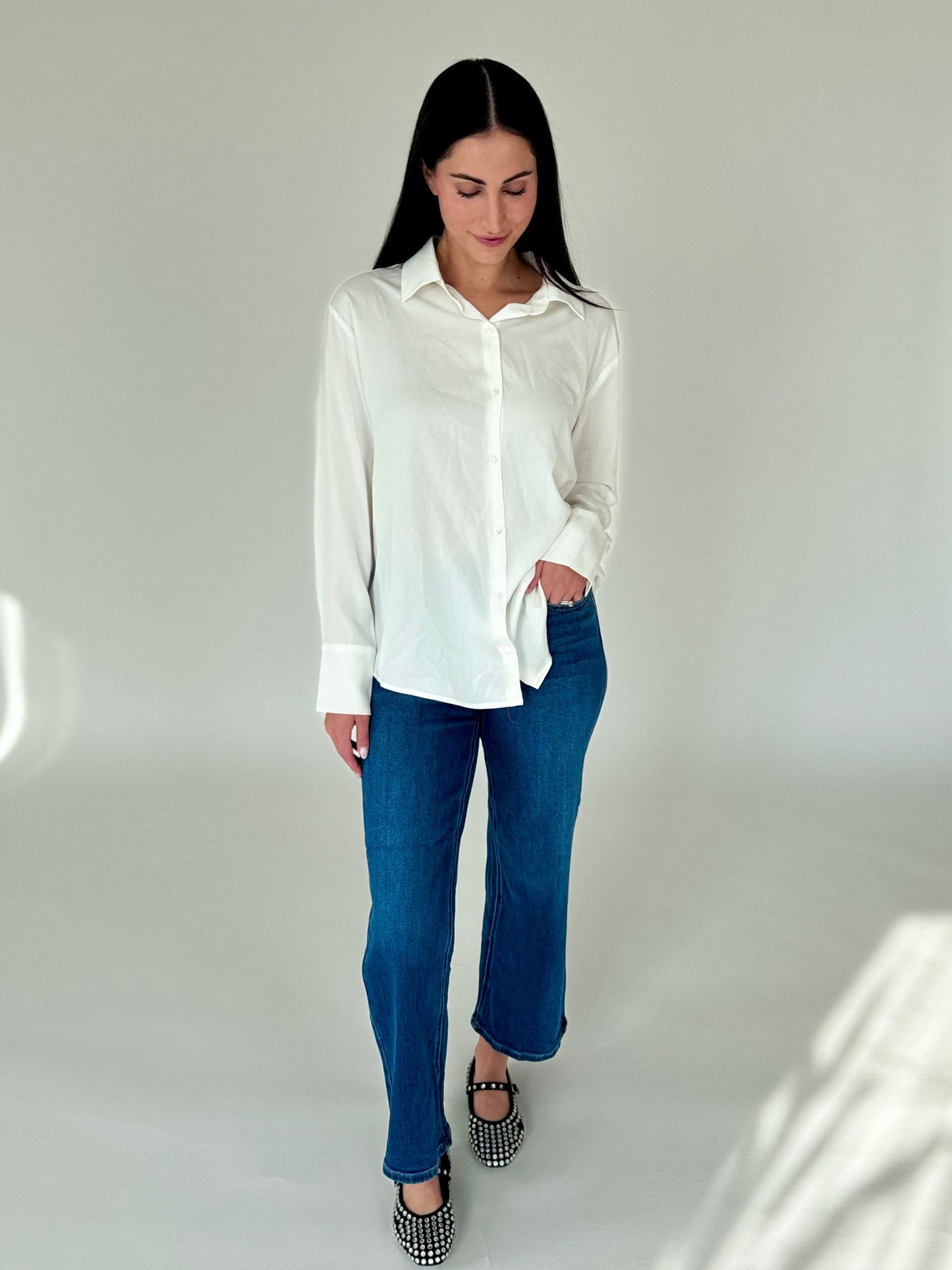 Ayla White Satin Button Down