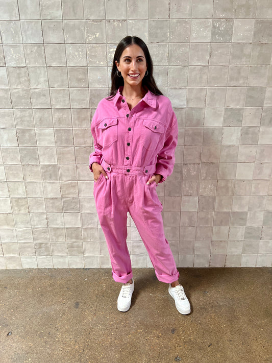 Everything I Love Long Sleeve Pink Denim Jumpsuit