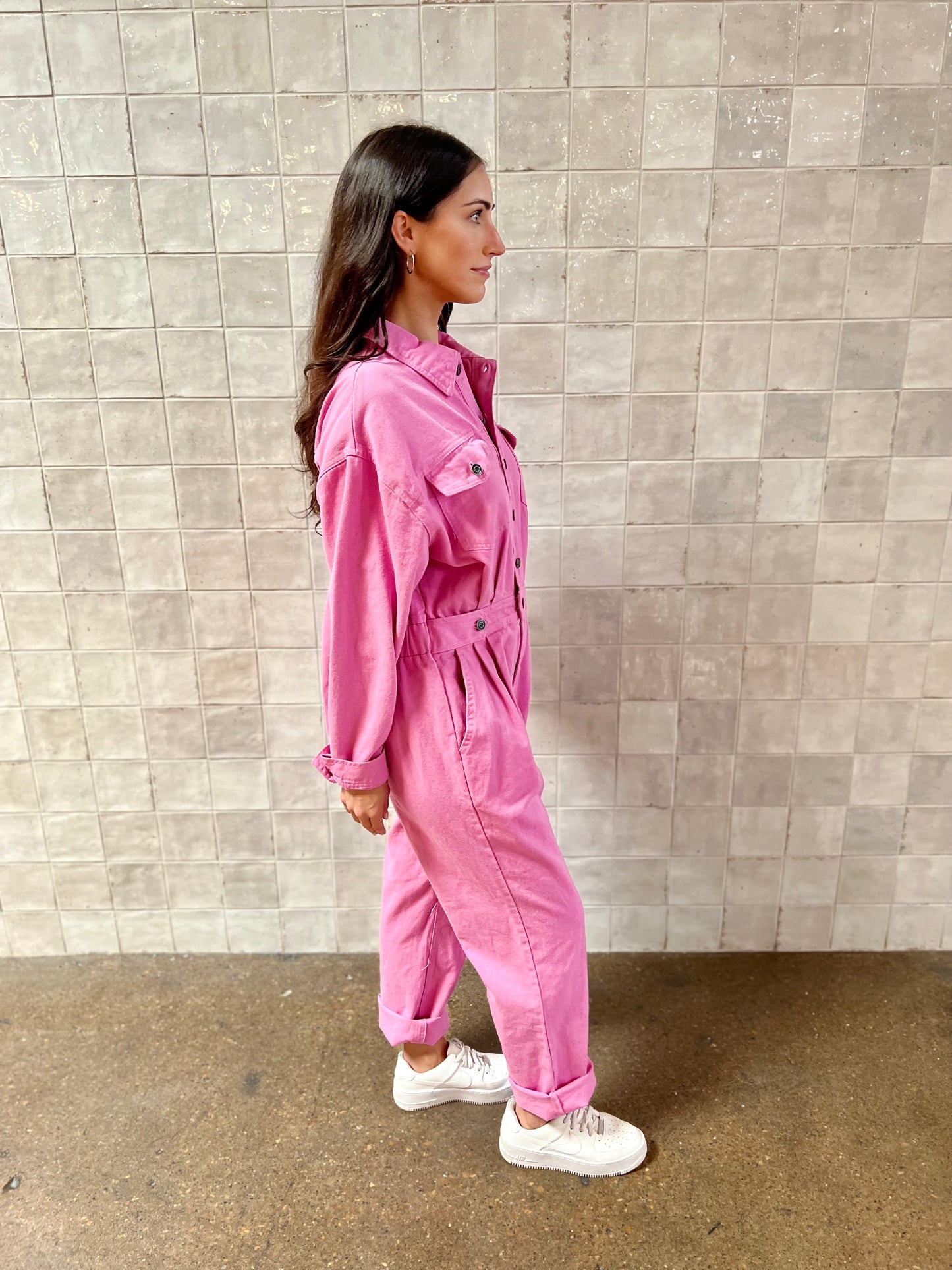 Everything I Love Long Sleeve Pink Denim Jumpsuit